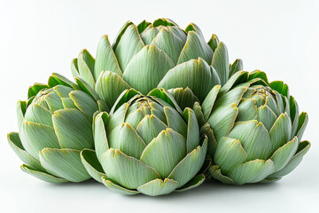 Fototapeta premium Bunch of green vegetables, including artichokes, are piled on top of each other. The arrangement creates a sense of abundance and freshness