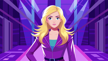 A young blond woman in violet clothing stands against a solid violet background. Studio. Isolated violet background.