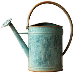 Vintage metal watering can with rusty handle and spout, isolated on transparent background, perfect for gardening and plant care projects