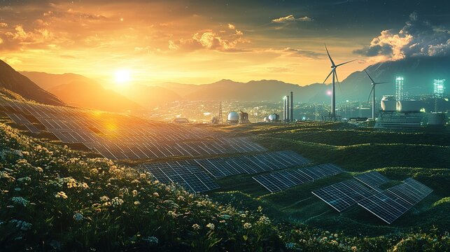 Renewable energy implementation mountain valley landscape photography sunny environment wide view