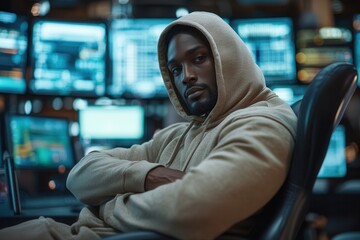 Fototapeta premium Confident man in mocha hoodie at futuristic control room setting for technology themes.