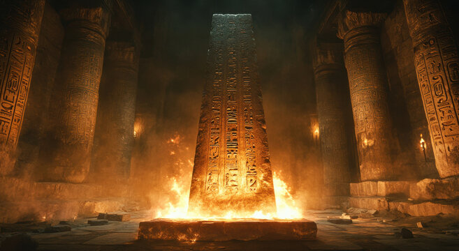 Ancient stone obelisk illuminates dark chamber with a mystical glow amid ancient inscriptions and ruins
