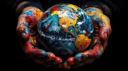 Naklejka premium Painted hands hold Earth globe; global awareness; dark background; environmental concept