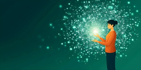 Fototapeta premium Woman interacting with glowing particles in a digital concept setting