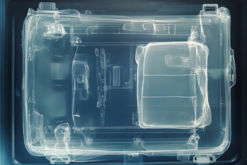 Transparent x-ray view of a suitcase revealing contents inside at an airport security area