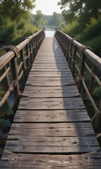 Old wooden bridge with worn planks and rope railings, wooden bridge, wooden railing