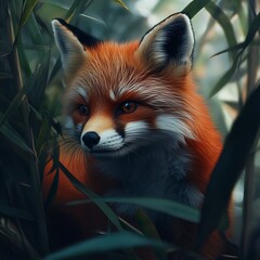 Fototapeta premium there is a red fox that is sitting in the grass