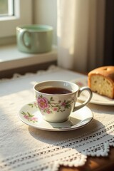 Fototapeta premium A delicate coffee cup with floral patterns sits on a lace tablecloth, beside a slice of homemade cake. Soft afternoon light filters through the window, enhancing the charming scene