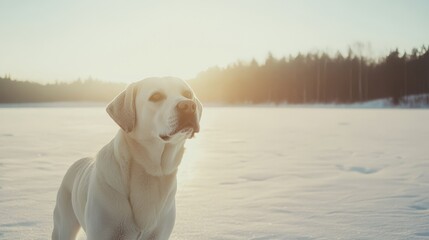 Majestic Labrador Retriever Standing on Snowy Landscape at Sunset with Warm Glow from the Horizon Highlighting the Scenic Wilderness and Tranquil Atmosphere