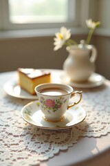 Fototapeta premium A delicate coffee cup with floral patterns sits on a lace tablecloth, beside a slice of homemade cake. Soft afternoon light filters through the window, enhancing the charming scene