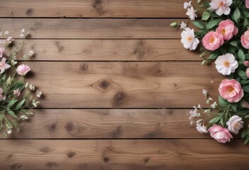 Fototapeta premium Delicate watercolor blooms on a rustic wooden background , outdoor, nature