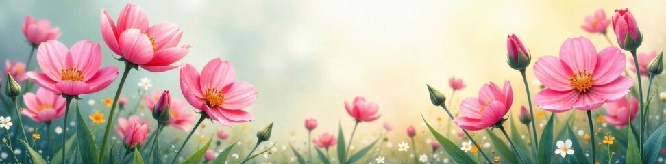 Fototapeta premium Delicate watercolor flowers blooming in a garden, watercolor floral, garden blooms