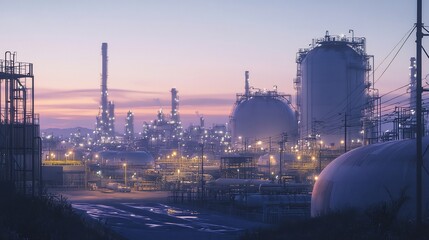 Industrial landscape at dusk with illuminated structures and tanks.