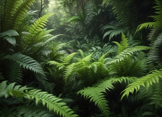 Fototapeta premium Dense cluster of ferns amidst tropical foliage, tropical, lush