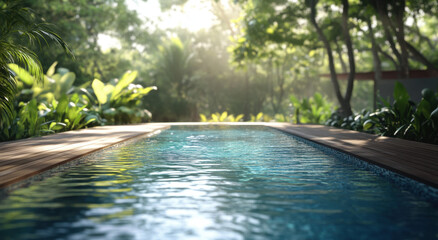 Serenity of an outdoor swimming pool surrounded by lush greenery in a tranquil setting