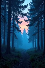 Fototapeta premium Dense forest at dusk with silhouetted trees and blue mist, trees, blue mist, nature
