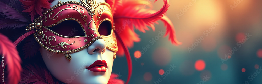 Aufkleber poster design featuring a vibrant venetian carnival mask with bright feathers and bokeh effect on a 