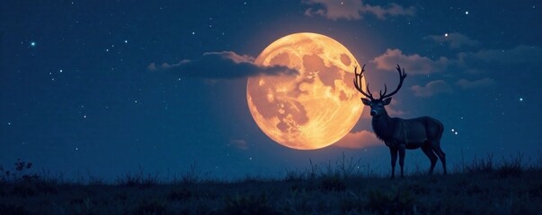 Naklejka premium Silhouette of deer against moonlit night sky , wilderness, silhouette