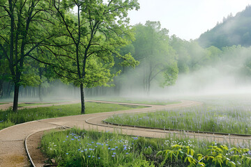Obraz premium Winding pathway in a misty forest with lush greenery and vibrant flowers