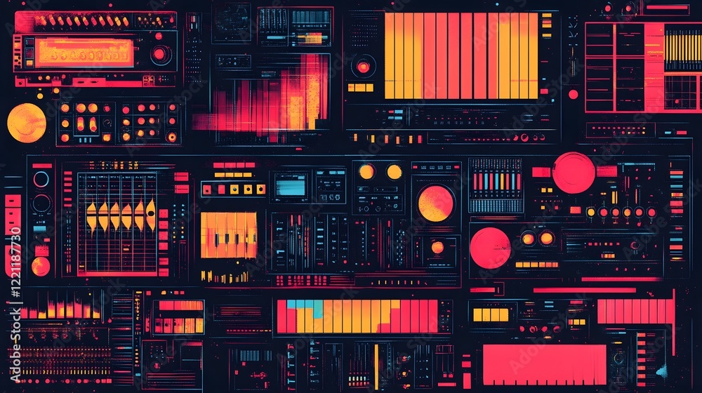Poster Futuristic High-Tech Digital Dashboard with Vibrant Infographic Visualization Interface