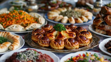 A Colorful Array of Traditional Dishes: Savory Pastries, Fresh Salads, and Exotic Delicacies on Display at a Festive Banquet Table.