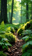Fototapeta premium Earthy forest floor with ferns and moss, earthy, natural