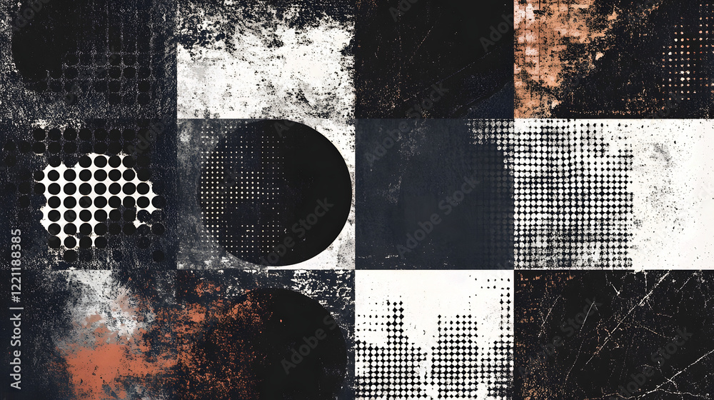 Aufkleber Abstract Monochrome Grunge Texture with Overlapping Geometric Patterns
