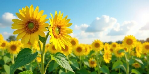 Obraz premium Summer sunflowers standing tall in a field , warm, sun