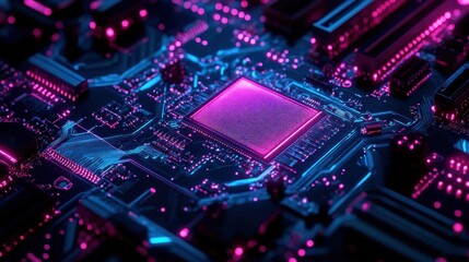 Obraz premium Neon Circuit Board: A Close-Up of a Glowing Microchip