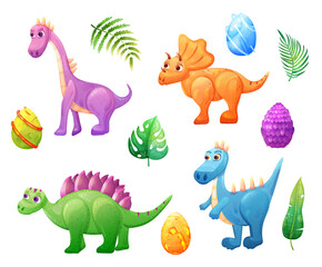 Set of cute dinosaurs with magic egg and exotic tropical leaves in transparent background. Vector childish illustration