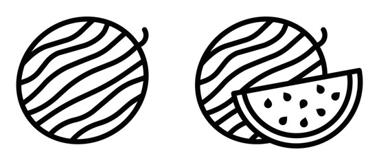 Whole and sliced watermelon icon in outlined vector style. Editable stroke.