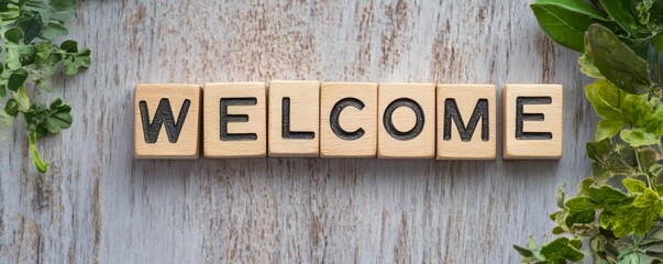 welcome word made of wooden blocks surrounded by vibrant green leaves, welcoming to new home or workplace