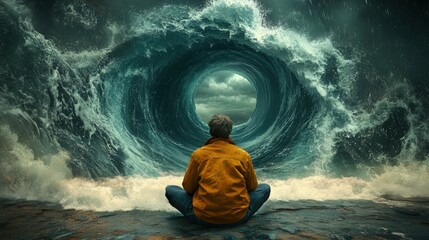 Obraz premium Meditating Man Facing a Powerful Ocean Vortex, Calm Amidst Chaos, Generated AI