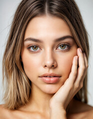 Fototapeta premium Young woman with green eyes looking at camera against light background