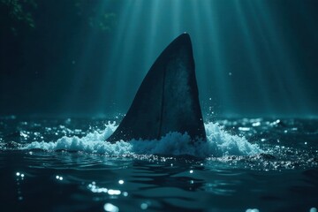Fototapeta premium massive shark fin piercing through dark waters, ocean, marine life