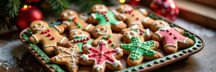 A decorative tray filled with various shapes and sizes of fresh-baked gingerbread cookies in festive holiday colors, holiday desserts, seasonal sweet treats, Christmas baking