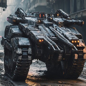 there is a tank that is sitting on the street in the rain