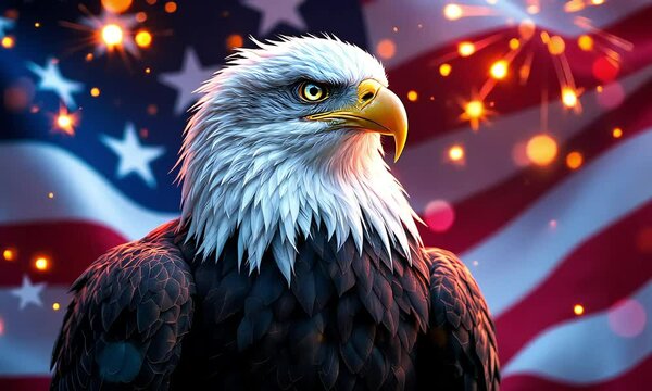 Majestic bald eagle profile against US flag backdrop with bokeh lights for patriotic celebrations