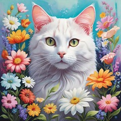 White cat portrait with flowers 