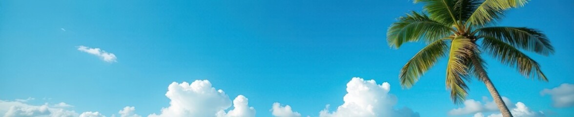 Obraz premium Palm tree against bright blue sky with white fluffy clouds, cloudy, sunny, outdoor