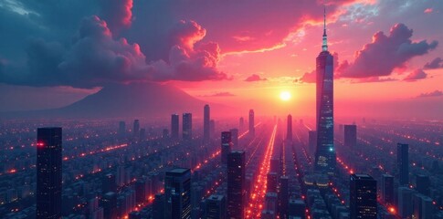 Obraz premium Futuristic cityscape at sunset with towering skyscrapers and neon lights , cityscape, futuristic