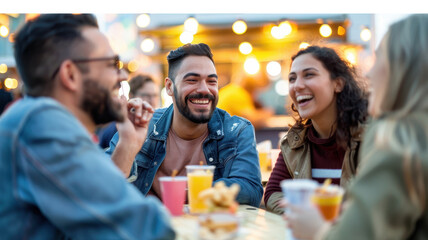 group of friends enjoying food and drinks at outdoor carnival with vibrant lights and lively atmosphere, sharing laughter and creating joyful memories