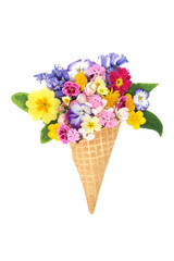 Surreal ice cream cone with blossom and flowers for Spring Beltane season festive celebration on white background.