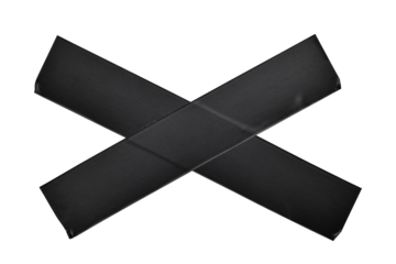 Close-up of two overlapping black adhesive tape strips forming an X or cross shape, isolated on a transparent background. Perfect for design, repair, or creative concepts. PNG