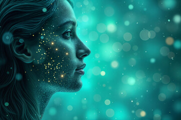 Woman profile with sparkling stars on skin against glowing dots background
