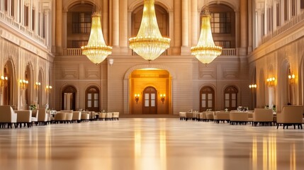 Fototapeta premium Grand Ballroom Interior - Elegant, spacious ballroom with chandeliers, gleaming floors, and tables set for a formal event. Perfect for luxury, event, and hospitality.