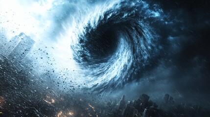 Fototapeta premium Apocalyptic Vortex: City Under Siege by a Monstrous Rotating Storm