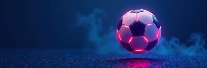 Fototapeta premium Glowing neon soccer ball floating in mid air over blue canvas background, glowing ball, sporty decoration