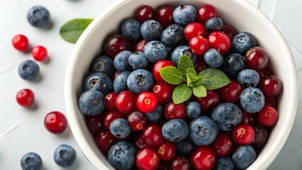 Bowl of Blueberries and Cranberries High-Angle Close-Up, Vibrant Colors, Healthy Food Concept, food photography, berries Blueberries, Cranberries
