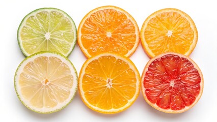 Citrus Fruit Slices Vibrant Gradient Composition, Top View, Freshness Concept, lime, lemon, orange, grapefruit Citrus